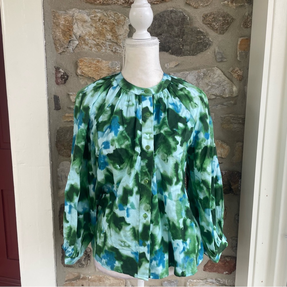 TUCKERNUCK Deep Lagoon Luca Puff Sleeve Button Down Blouse $178 - Picture 5 of 16